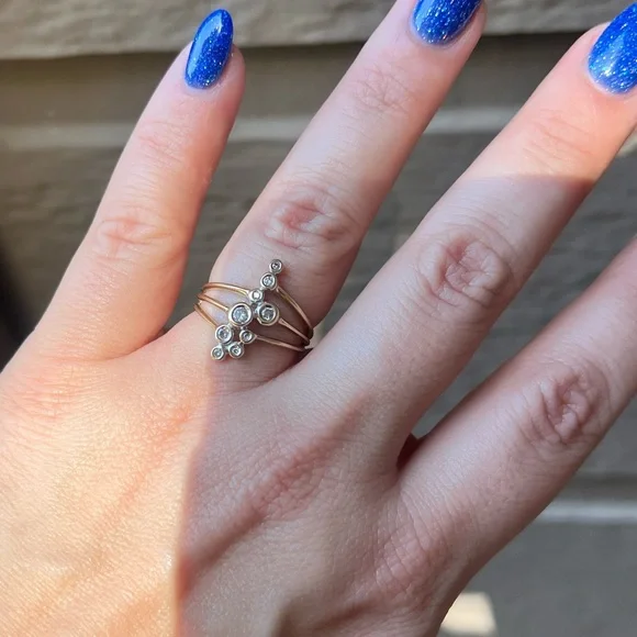 10k yellow & white two tone gold diamond bubble bypass ring 6.5 - Picture 2 of 8